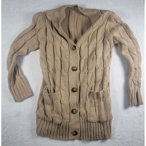 Beige Large Cable Knit Cardigan Medium Buttons Warm‎ Pockets Cozy Grandma Core
